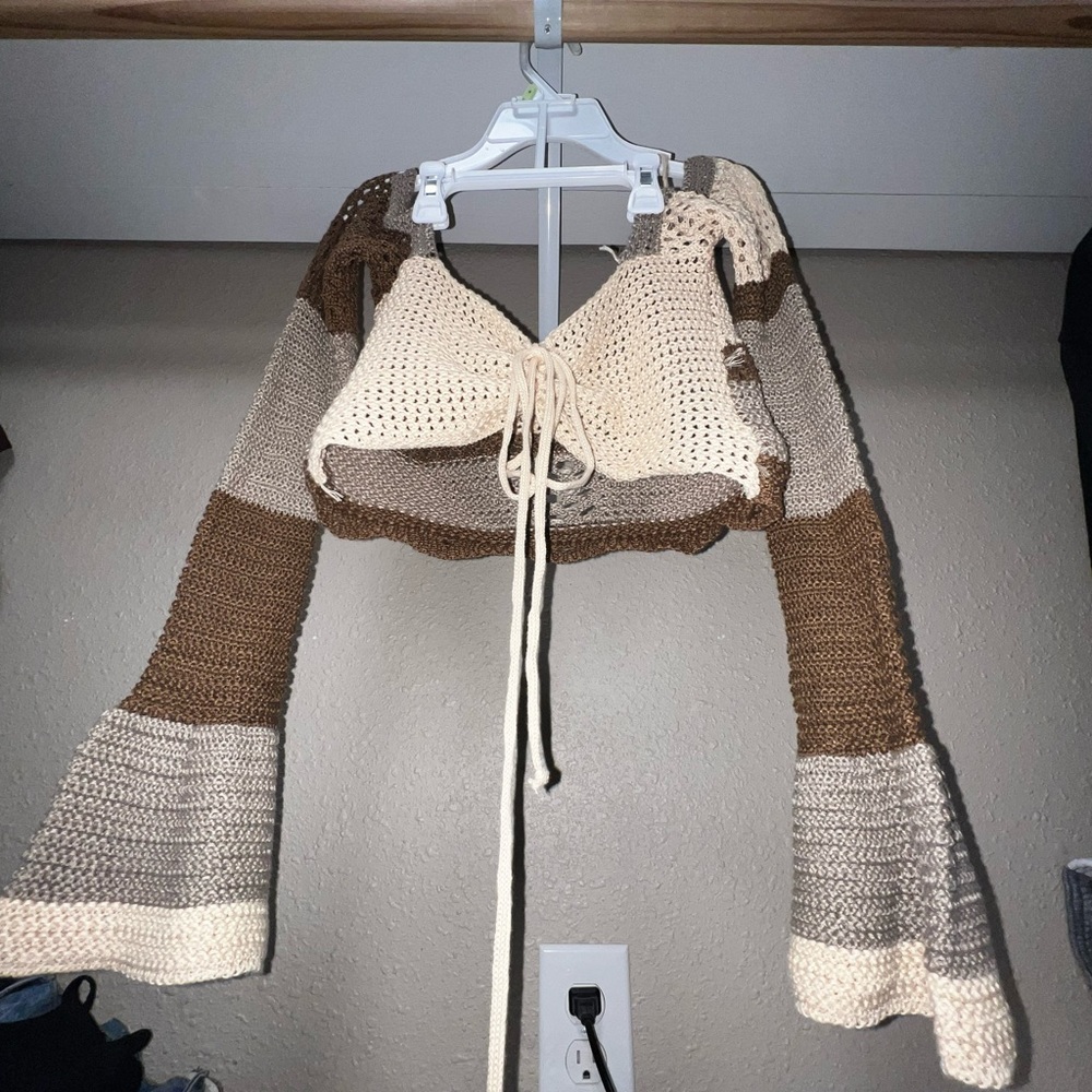 Striped Brown and Cream Women's cropped Sweater